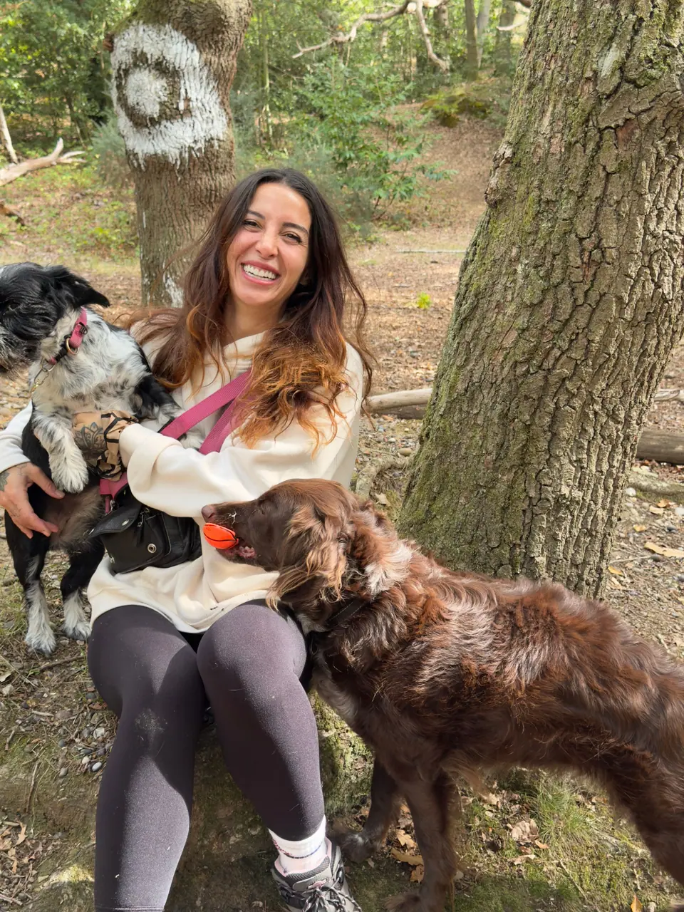 Erika smiling under a tree with a dog on her lap and a brown dog beside her